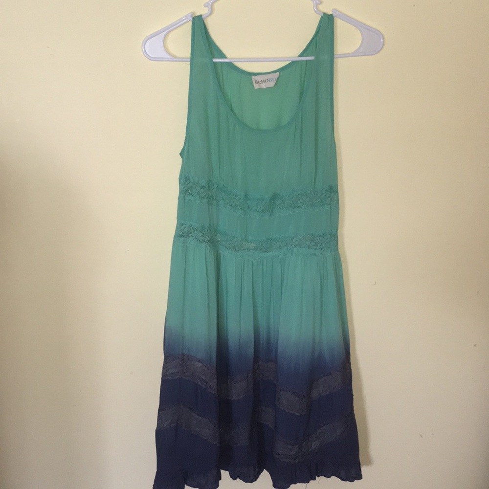 Teal faded to blue, ruffle hem dress